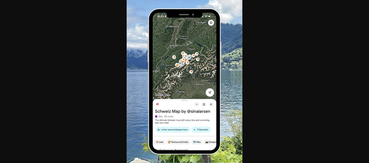 The Trailmarked Switzerland Google Map, showing pinned hikes, lakes and viewpoints on a phone